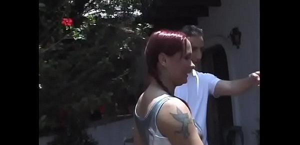  Redhead slut Katja Kassin gets gang banged by four hard cock dudes outdoors
